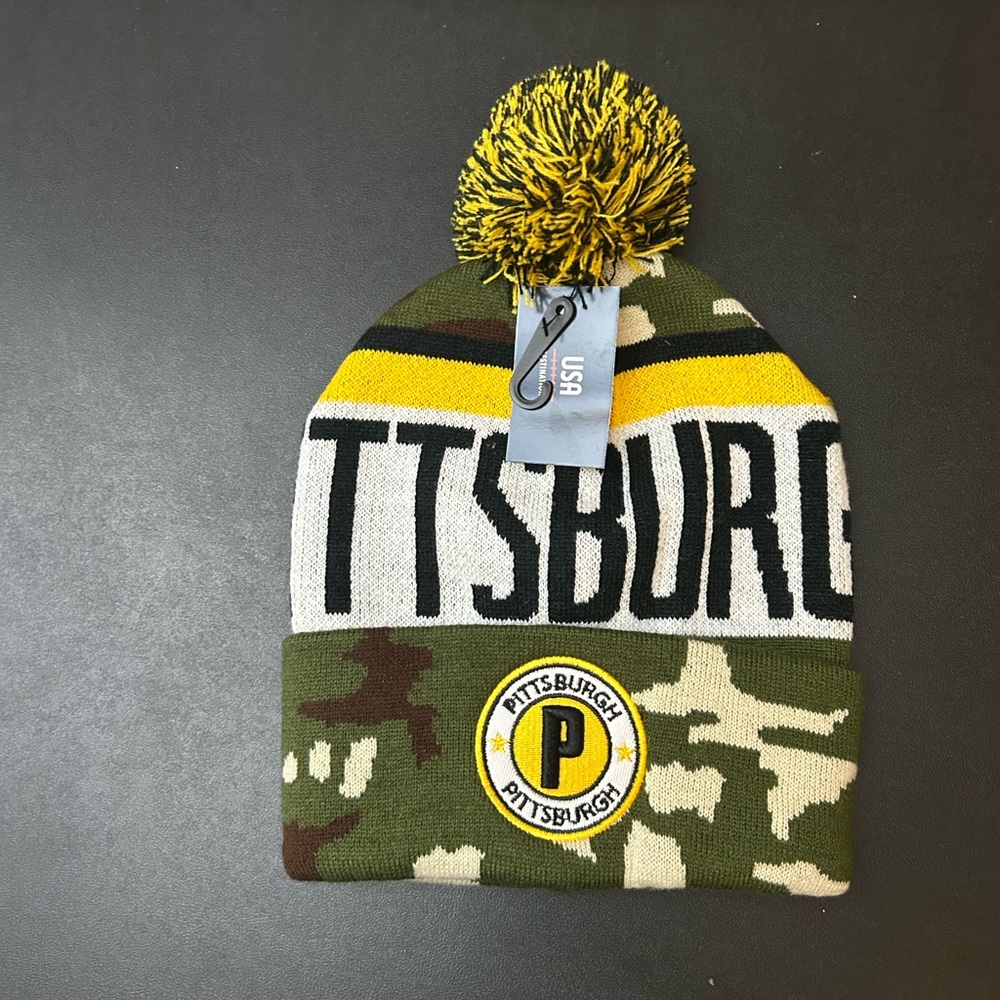 Adult Pittsburgh Steelers Camo Beanie Hat with Pom – New